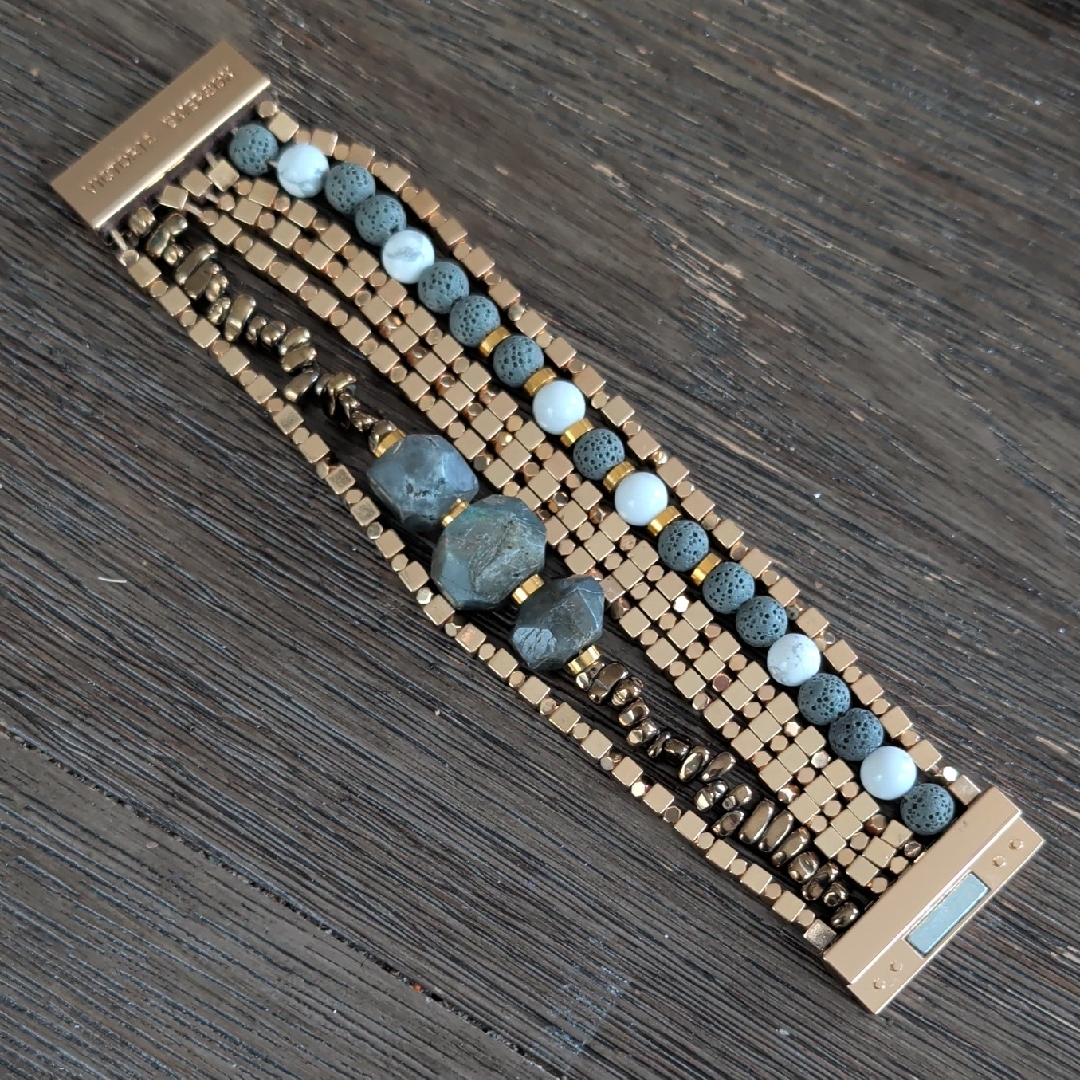 Victoria Emerson Gold Multi-Strand Bracelet With Blue And Gray Beads